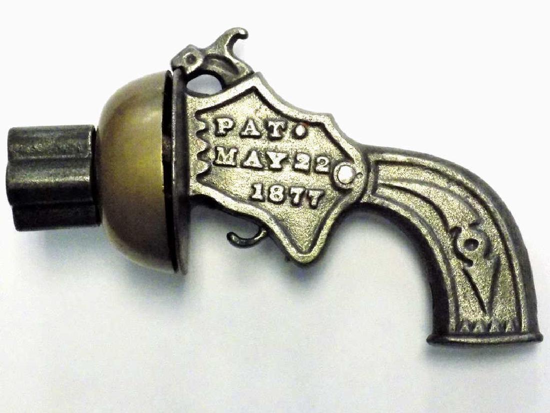 RARE BELL RINGER DERRINGER IRON CAP GUN PISTOL Rare: Rare 1877 Bell Ringer Derringer Cast Iron and Brass cap gun pistol. Patented May 22, 1877. Maker & Model unknown, referred to as the Bell Ringer. Rated 4 Stars in the book Cast Iron Toy Guns & Capshoo