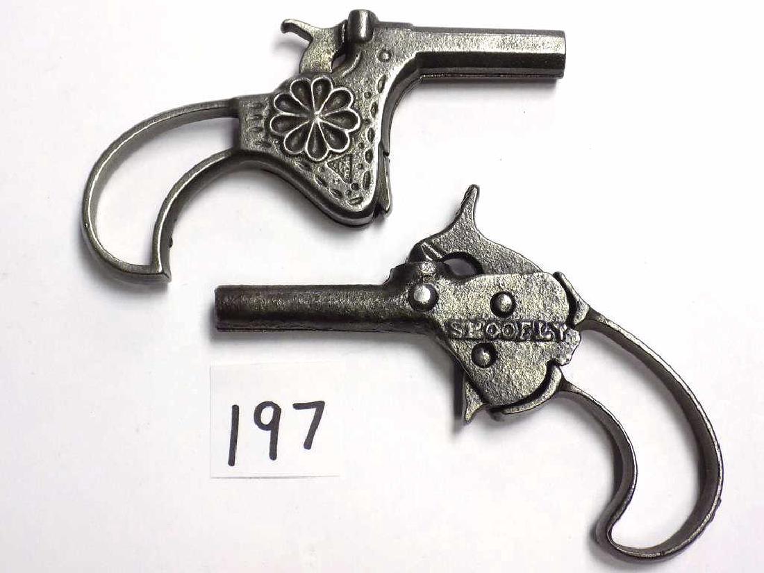 RARE STEVENS SHOOFLY CAST IRON CAP GUN PISTOLS Rare: Rare Stevens Cast Iron cap gun pistol (unmarked) with Rosette and hollow grip (plastic inserts uncluded as is) Along with Shoofly . Both working order, very nice patina. Rated 2 Stars Logan & Best boo
