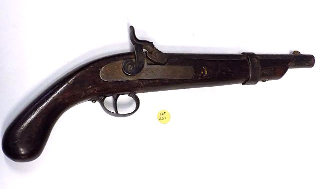 PERCUSSION LONG ARM CAP GUN PISTOL: Vintage Long arm Hammer lock cap gun pistol. Iron barrel pitted. Engraved. Working order. Length 17"