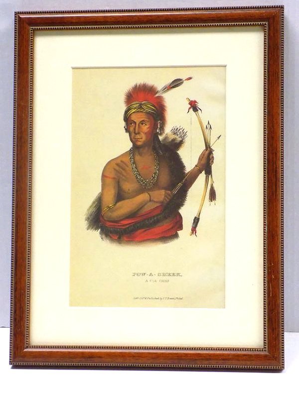 JT BOWEN - POW A SHEEK INDIAN LITHOGRAPH: McKenny & Hall Portrait Gallery of American Indians color lithograph. Published by J.T. Bowen Philadelphia. Pow a Sheek A Fox Chief was the only Chief represented in the Gallery with bow and arrows. 7