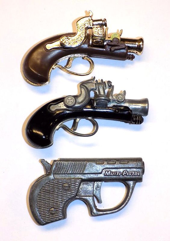 MINIATURE FLINTLOCK CAP GUN PISTOL GROUP: Vintage miniature cap gun group including a Zee Toys Flintlock cap pistol, FVM Italy Corsaro Flintlock cap pistol, along with a Multi Pistol cap gun.