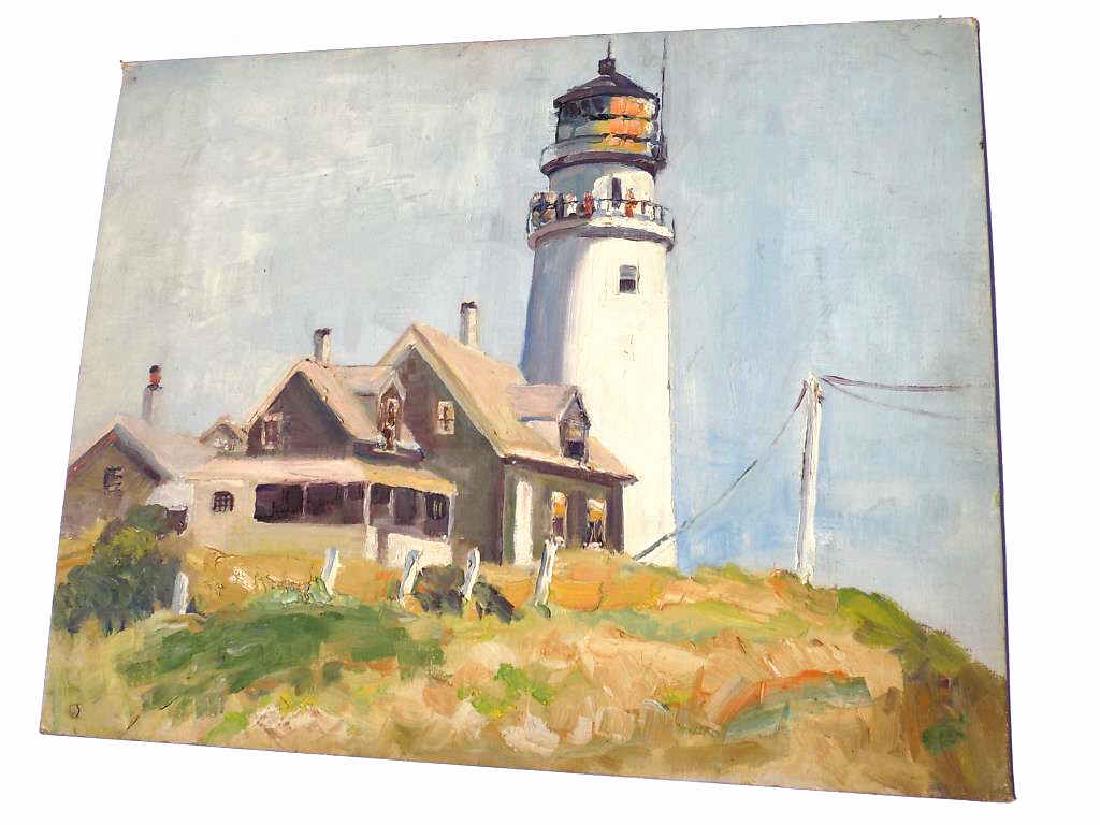 MANNER OF EDWARD HOPPER - LIGHTHOUSE PAINTING Manner of: Manner of Edward Hopper Impressionist Lighthouse painting. Oil on Friedrichs artist board. Unsigned. 16" x 20".