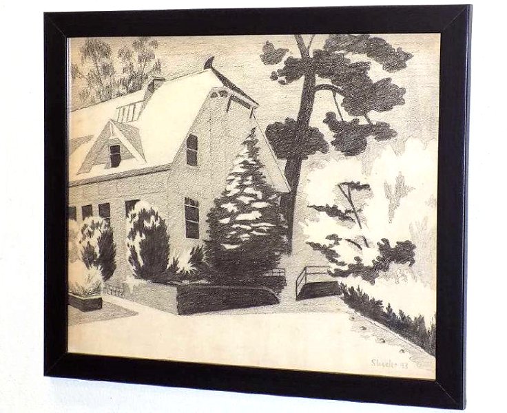 SHEELER - ABSTRACT WINTER HOME CRAYON DRAWING: Attributed Charles Sheeler - American 1883-1965. Abstract Winter Home Conte Crayon on artist paper. Signed and dated (19) 42 lower right. 141/2"X17 1/2". Charles Sheeler was born in Philadelphia in 18