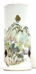 CHINESE EXPORT SCENIC PORCELAIN VASE Chinese Export: Chinese Export Scenic porcelain vase / Hat stand. Depicting a Mountain Landscape with figures. Inscribed with Calligraphy and Artist Mark. Old Export labels inside. Height 11"