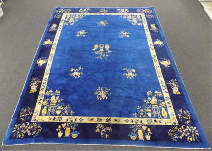 CHINESE NICHOLS FLORAL SILK ROOM SIZE RUG Early Chinese: Early Chinese Nichols deep blue silk room size rug. Elegant floral motifs. Hand tied, tight knots. 107" x 138"Condition: Vibrant color, minor imperfections