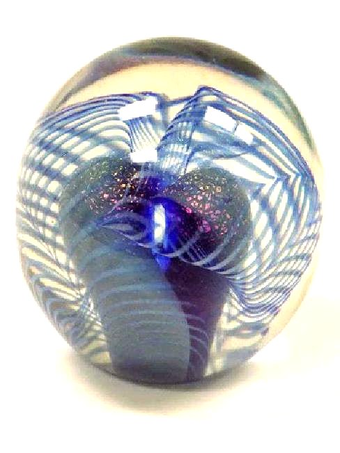 EICHOLT - IRIDESCENT PULLED FEATHER ART GLASS: A. Robert Eicholt - American 20th Century - Hand blown Art Glass featuring Iridescent multi color in a pulled feather design. Height 3". Signed & Dated 1988 Base.