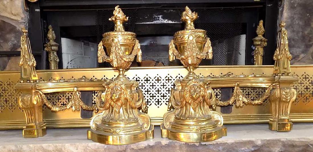 NEOCLASSICAL LION & URN BRASS ANDIRONS Exceptional Pair (1 of 5)