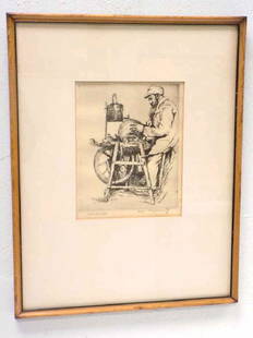 WILLIAM MEYEROWITZ - KNIFE GRINDER SIGNED ETCHING: William Meyerowitz - American NY 1887-1981 - Vintage etching entitled "Knife Grinder". Artist pencil signed lower margin. 7" x 9" matted sight size. 15" x 18 1/2" Framed.