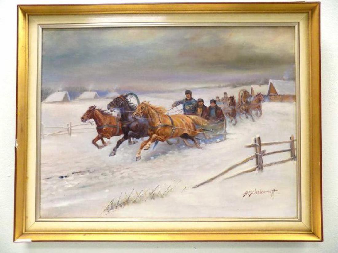SCHELOUMOTT - RUSSIAN SLEIGH RACE PAINTING (1 of 5)