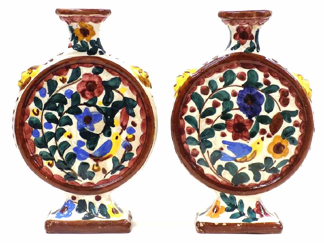 PAIR ITALIAN MAJOLICA FLASK VASES: Pair Italian Majolica Flask Vases. Decorated with Flowers, Birds and Dual Side Lion heads. Height 9 1/2" x Length 6"