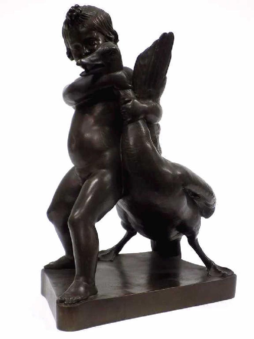BARBEDIENNE BAROQUE MYTHOLOGICAL BRONZE SCULPTURE: Barbedienne 19th Century Baroque Mythological Bronze Sculpture of a Nude Male Putto Figure Grasping a Swan. Highly Detailed with Barbedienne Foundry Mark and A. Collas Reduction Mechanique mark. Heigh