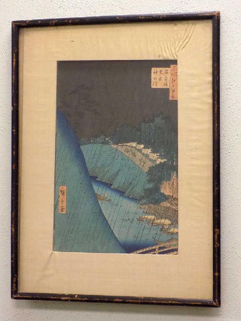 ANDO HIROSHIGE - TOKAIDO WOODBLOCK PRINT: Ando Hiroshige - Antique Japanese woodblock print. Tokaido Series. Signed in plate. 14" x 19" Framed & matted.