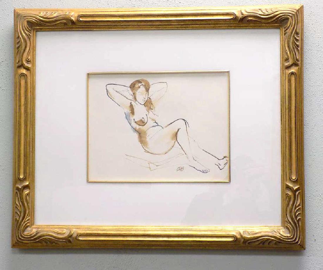 BOHROD N.A. - RECLINING NUDE PEN & INK DRAWING: Aaron Bohrod N.A. American 1907-1992 - Modern reclining figure watercolor pen & ink drawing. Signed lower margin. 19" x 23" Gilt Nouveau Frame. Provenance on rear.