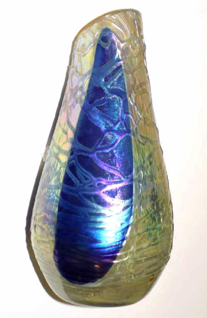 LOETZ MODERN ART RIBBED GLASS VASE: Loetz Modern Art Glass Vase. Irridescent Blue, Purple, Green colors with yellow background. Ribbed vein design. Height 9 1/2"