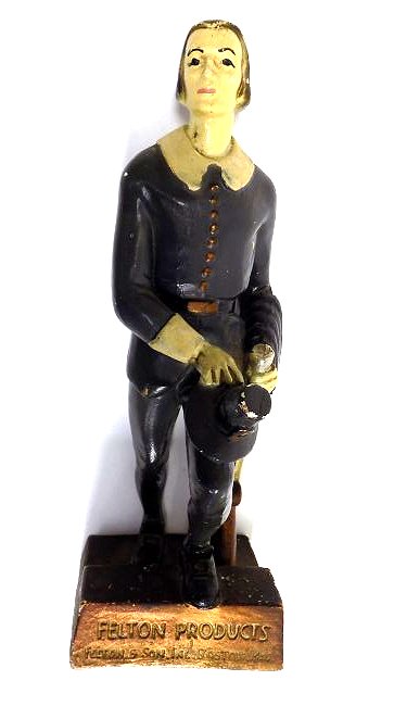 PILGRIM FELTON PRODUCTS ADVERTISING FIGURE: Rare antique Felton & Son Products Inc. Boston Massachusetts Plaster chalkware Advertising Figure. Standing Pilgrim holding hat and rifle Height 12 1/2"