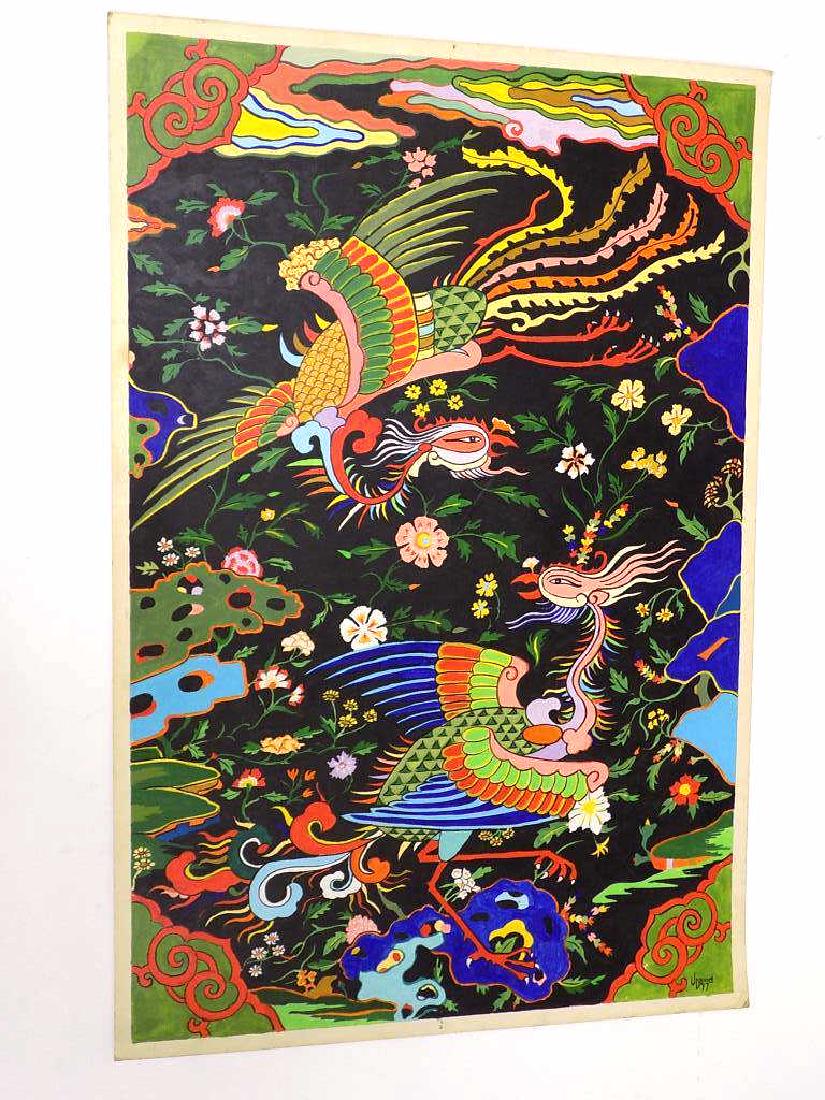 J. DAVID - CHINESE FLYING PHOENIX GOUACHE PAINTING (1 of 3)