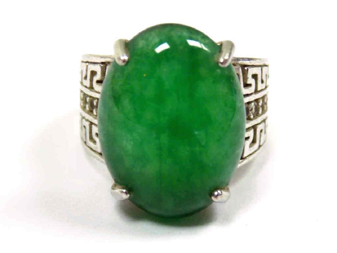 CHINESE SILVER JADEITE GREEN OVAL ENGRAVED RING (1 of 3)