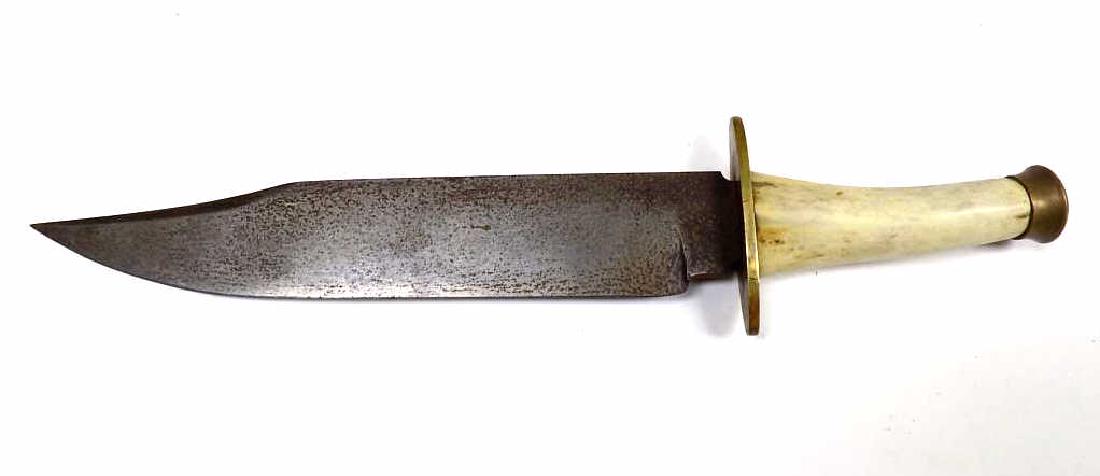 R. ALLDEON ANTIQUE BONE HANDLED HUNTING KNIFE: Antique R. Alldeon Memphis Tennessee Hunting Bowie Knife with Bronze hand guard & pommel. Carbon steel blade. Total Length 15"