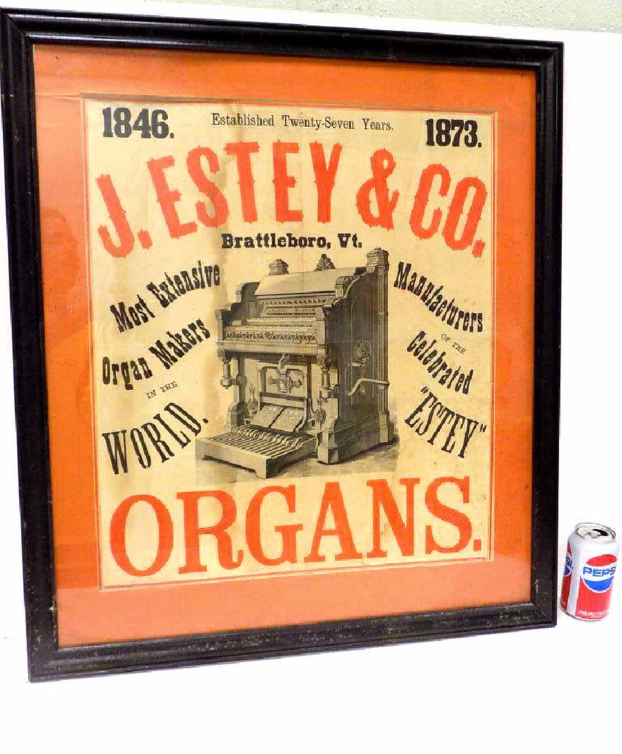 J. ESTEY & CO. 1873 ORGANS ADVERTISING POSTER: J. Estey & Co. Brattleboro Vermont 1873 Organs Advertising Poster. Reads: Most Extensive organ makers in the World. Manufacturers of the celebrated Estey. 26" x 30" Framed.
