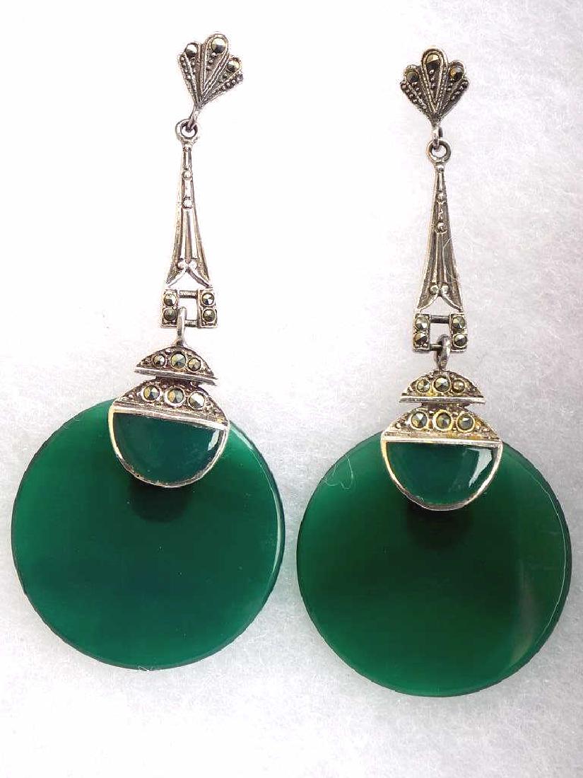 ART DECO STERLING MARCASITE & GREEN STONE EARRINGS (1 of 1)