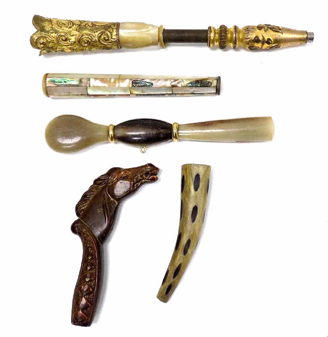 GROUP OF ANTIQUE PARASOL HANDLES: Group of 5 Assorted Parasol / Umbrella handles includin: Gold plated, Abalone, Folk Art Carved Horse Head, and Bone.
