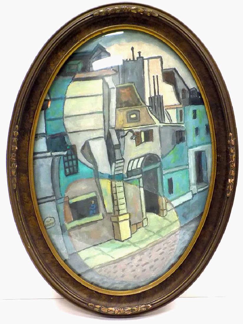 KRUCKMAN - PARIS STREETS FOLK ART PAINTING: Herb Kruckman - New York American 1904-1998 - Paris Street Scene Folk Art painting. Oil on board. Rear Signed. 17" x 23" Victorian polychrome oval frame.