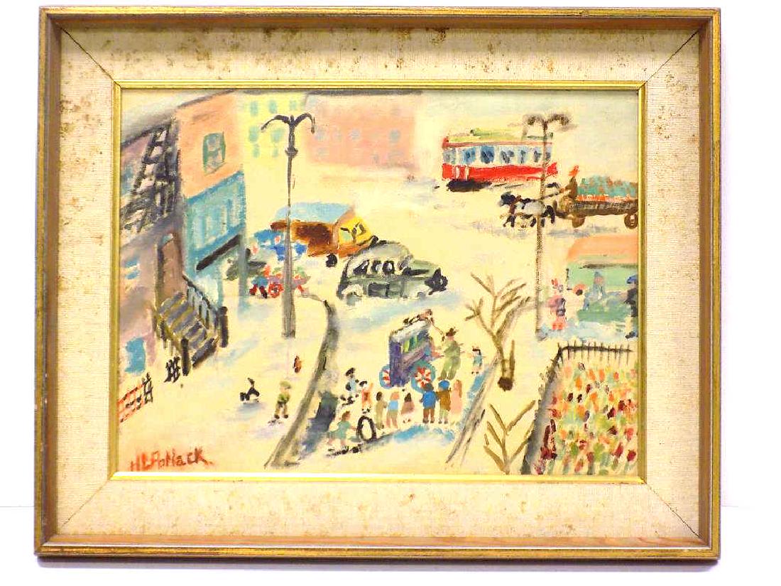 POLLACK - UTRILLO STYLE FOLK ART PAINTING: H.L Pollack - American 20th Century - Folk Art City Scene painting. Oil on canvas. In the manner of Maurice Utrillo. 16" x 20" Framed.