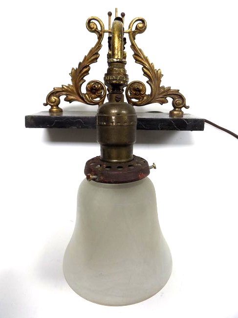 VICTORIAN GILT SCULPTED LYRE PIANO LAMP: Victorian Gilt Metal Sculpted Lyre Piano Lamp. Height 12" Top to Shade base x Length 9.50"
