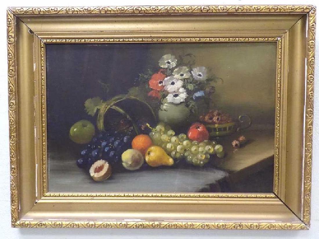 FRUIT TABLE STILL LIFE PAINTING - SIGNED ILLEGIBLY (1 of 2)