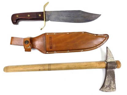 BIG WESTERN COWBOY BOWIE KNIFE & INDIAN TOMAHAWK: Big Western USA W49 Model Cowboy Bowie Knife with Leather Sheath. Mahogany handle, Brass Guard. Total Length 14.50". Along with an Indian Tomahawk Total Length 18"