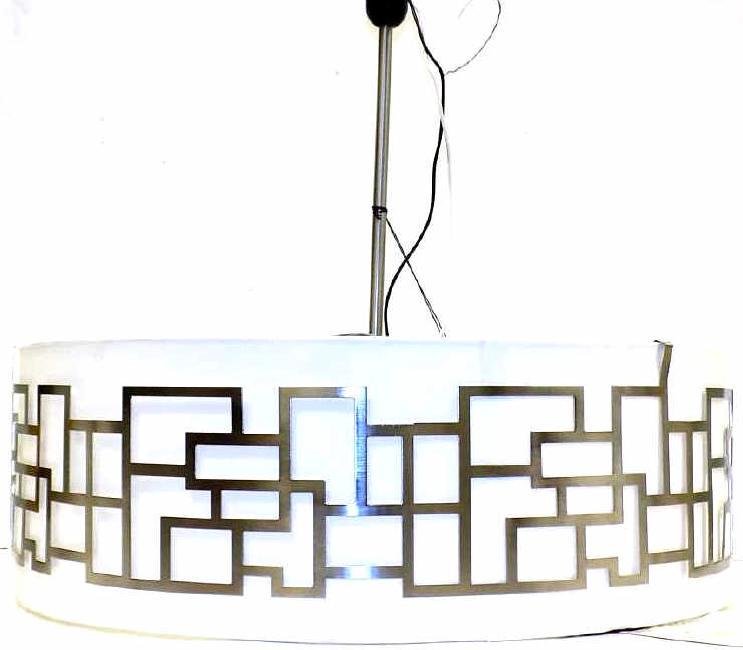 DESIGNER GEORGE KOVACS MODERNIST HANGING LAMP: George Kovacs Modernist Designer brushed steel hanging lamp. Alecia's necklace design by Alecia Wesner. D 24"