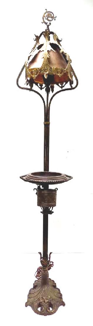 OSCAR BACH ART NOUVEAU GILT IRON FLOOR LAMP: Oscar Bach Art Nouveau Gilt Iron Floor Lamp. Elaborate Draped Floral Motifs with Scrolled Acanthus throughout. Attached tray. Height 62"