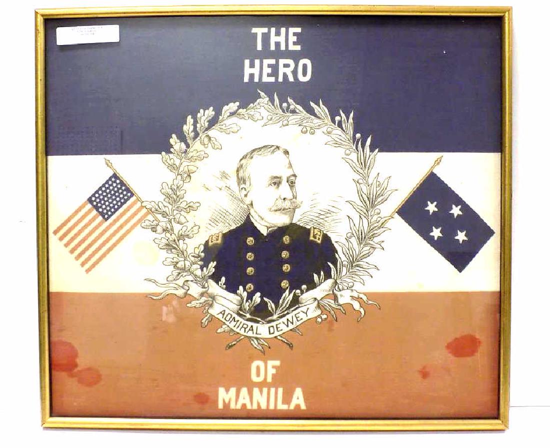 ANTIQUE ADMIRAL DEWEY MILITARY HERO OF MANILA FLAG: Antique Admiral Dewey Military Hero of Manila Framed Flag. Framed 23" x 26".