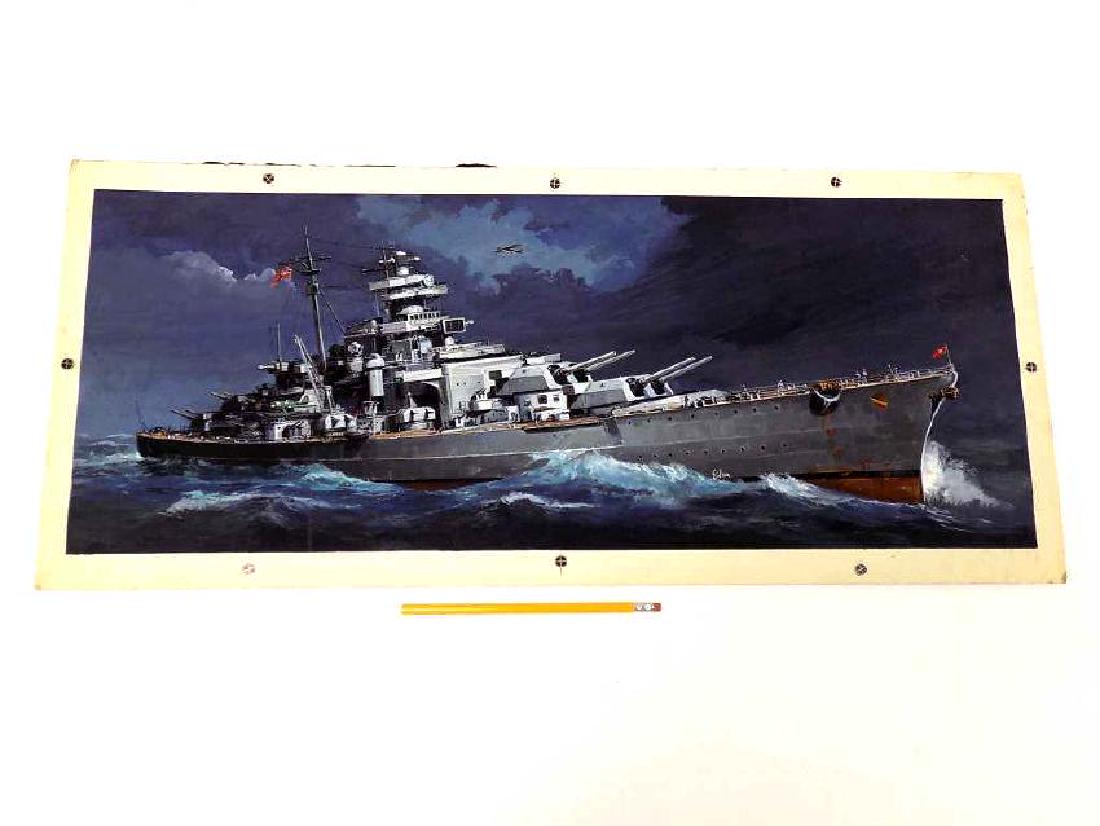 EIDSON - WW 2 GERMAN NAZI BATTLESHIP WATERCOLOR: Scott Eidson - California / New York American 20th Century b.1908 - Extraordinary Detailed Watercolor Gouache Illustration Art painting of a World War II German Nazi Battleship. Painted for Universal 