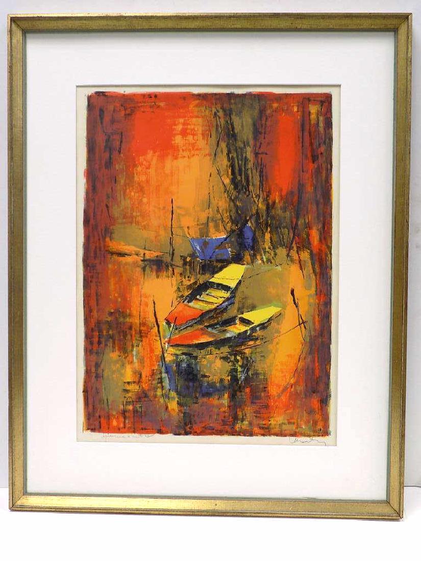 LEBADANG - MIDCENTURY ABSTRACT SIGNED LITHOGRAPH: Lebadang - French / Vietnamese 1922-2015 - Vintage Color Serigraph of Abstract Boat . Artist Numbered & Signed lower margin. 25" x 31" Modern Yellow Frame.