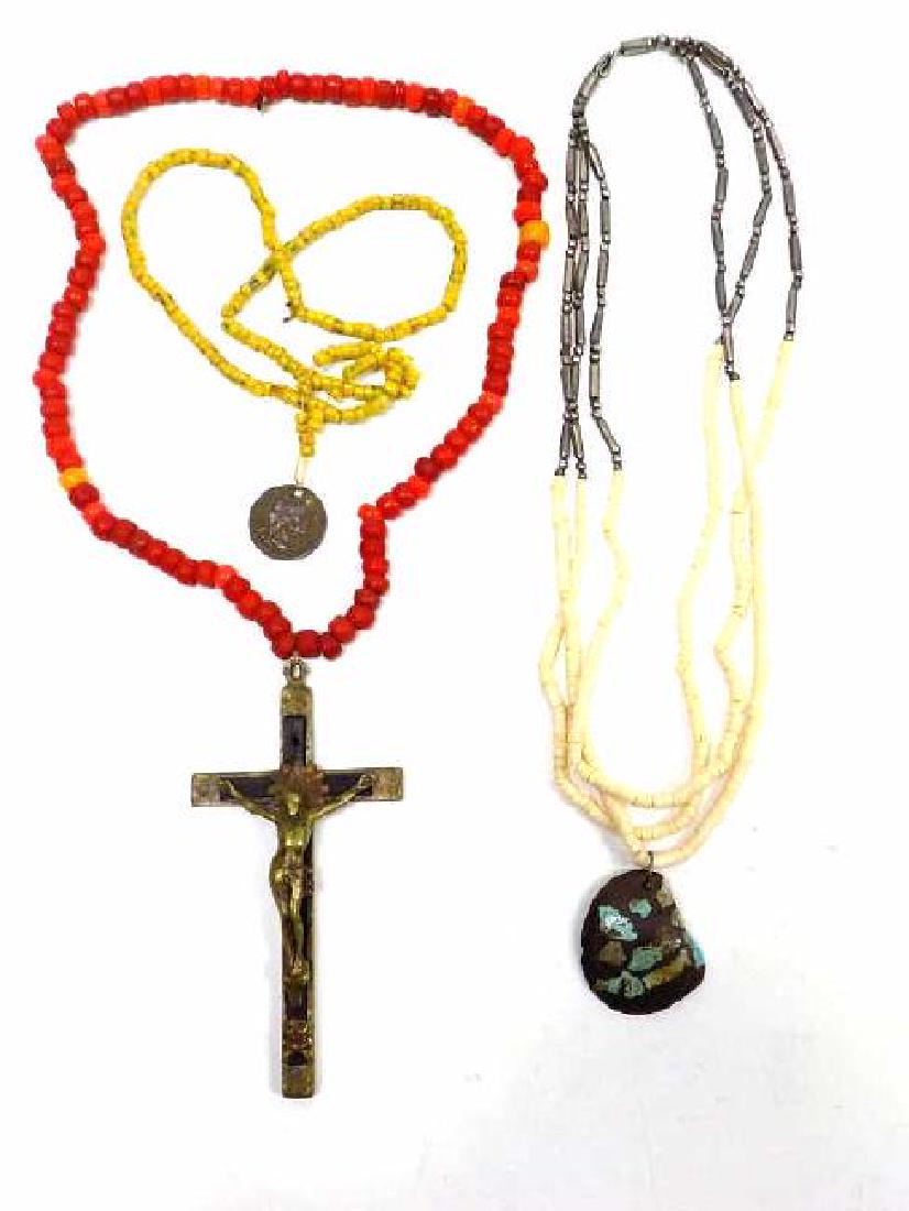 INDIAN NECKLACES / WASHINGTON PEACE DOLLAR: Antique Native American Indian Necklace Group Including: Red Trade Beaded with Silver Rosewood Symbolic Cross, Old Silver and Bone Triple Strand with Turquoise Stone Pendant, Yellow Trade Beaded with