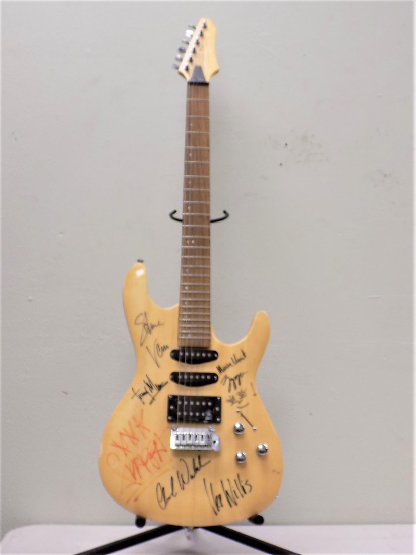 ZAPPA VAI SIGNED ELECTRIC STRATOCASTER GUITAR: Frank Zappa, Moon Unit Zappa, Steve Vai, Ike Willis, Tommy Mars, Chad Wackerman ? From Zappa's Hologram Cult Band. Maple Body, Rosewood Pearl Markers, 2 Single and 1 Double Pickup. Chrome Knobs, 5 way