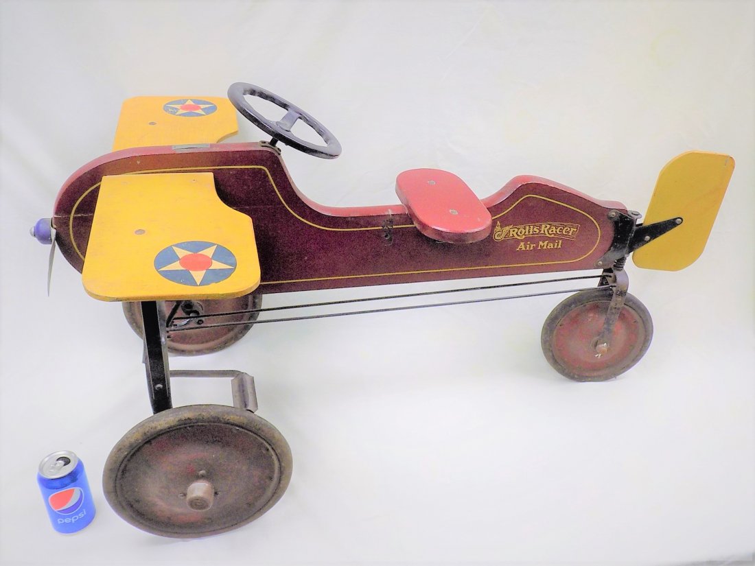LEWIS MYERS ROLLS RACER AIR MAIL PLANE PEDAL CAR TOY: 1920'S Lewis E. Myers Rolls Racer Air Mail Plane Holy Grail Pedal Car Toy. All Original Condition with Solid Wood and Cast Iron Construction. Dark Maroon Red Paint with Yellow Gold Tone Pinstripes and