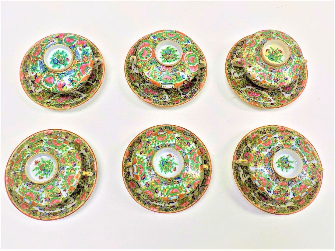 CHINESE EXPORT ROSE MEDALLION LIDDED CUPS SAUCERS SET (1 of 9)