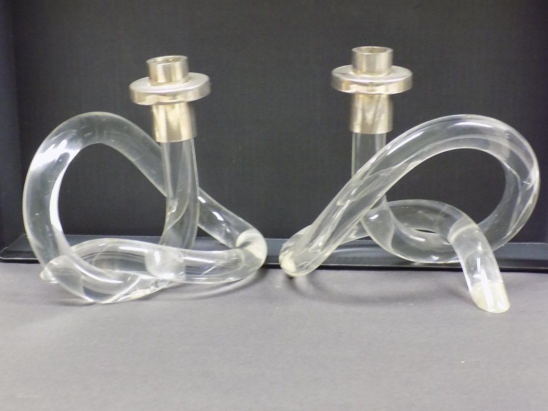 MIDCENTURY MODERN SILVER LUCITE CANDLESTICKS (1 of 2)