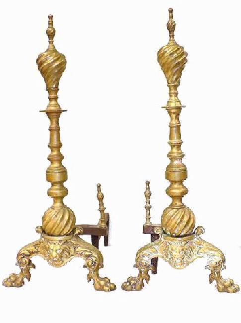 PAIR GILT BRONZE LION HEAD ANDIRONS (1 of 2)