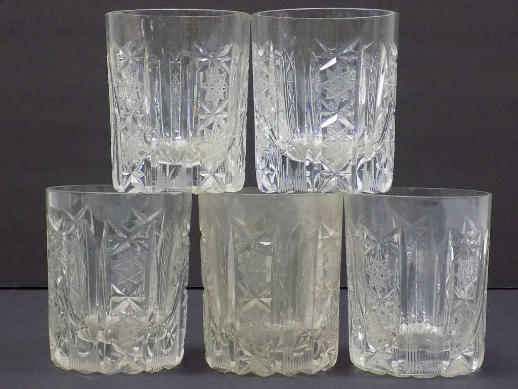 AMERICAN BRILLIANT CUT WHISKEY GLASS SET: American Brilliant Cut Glass Whiskey Glasses. Star Pattern. Set of 5. Height 4"