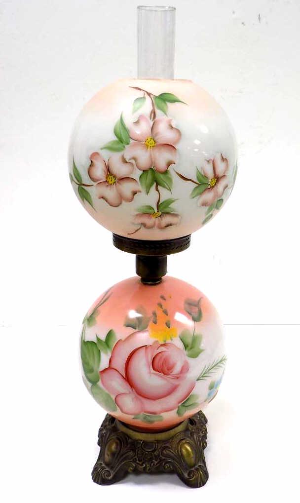 VICTORIAN GONE WITH THE WIND BANQUET LAMP: Victorian Gone With The Wind Banquet Lamp. Hand Painted Floral Motifs. Height 22". Key form switch. Working Order.