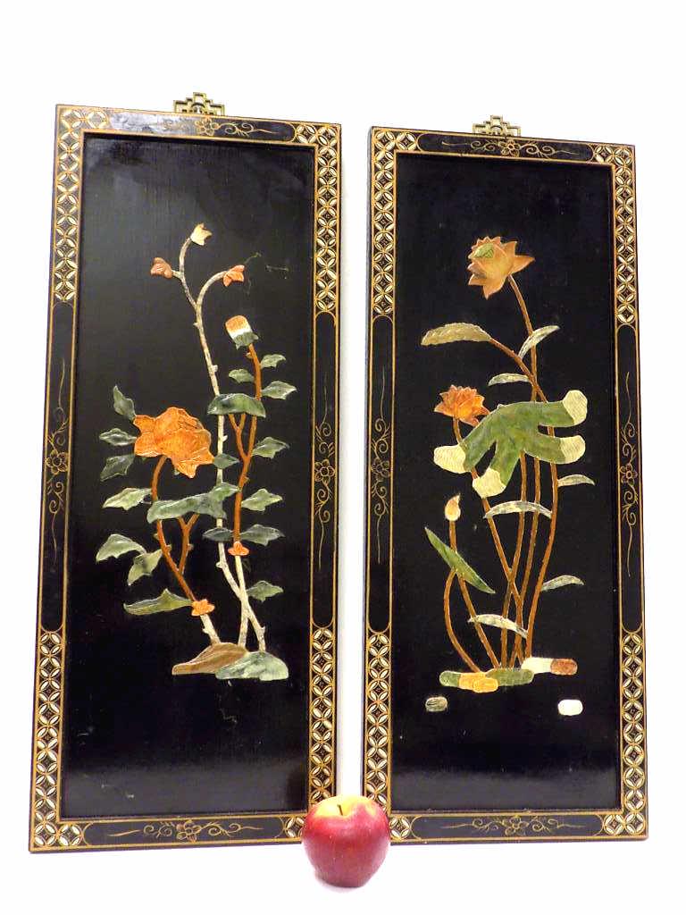 CHINESE LACQUERED HARDSTONE LOTUS PANELS: Chinese Black Lacquered Hardstone Jade & Coral Lotus Panels. 10" x 25".