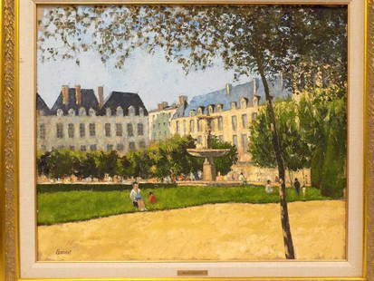 ANDRE BARDET - LA PLACE DES VOSGES PAINTING: Andre Bardet - French 1909-2006 - Impressionist Painting of La Place Des Vosges France with Buildings and Figures. Oil on Canvas. Signed Lower Left. 24" x 29". 31" x 36" Ornate Gilt Frame with Name Pl