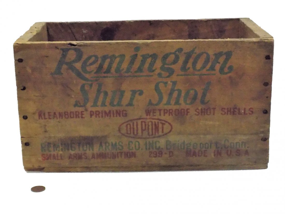 REMINGTON SHUR SHOT ADVERTISING WOODEN CRATE: Old Remington Arms Co. Small Arms Ammunition Shur Shot Advertising Wooden Crate. 8" x 8" x 14.50". Graphics on all 4 sides.