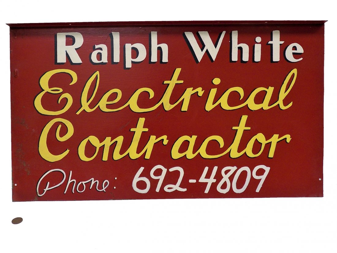 VINTAGE ELECTRICIAN METAL ADVERTISING FLANGE SIGN: Vintage Electrician Painted Metal Advertising Flange Sign. 14.50" x 26"