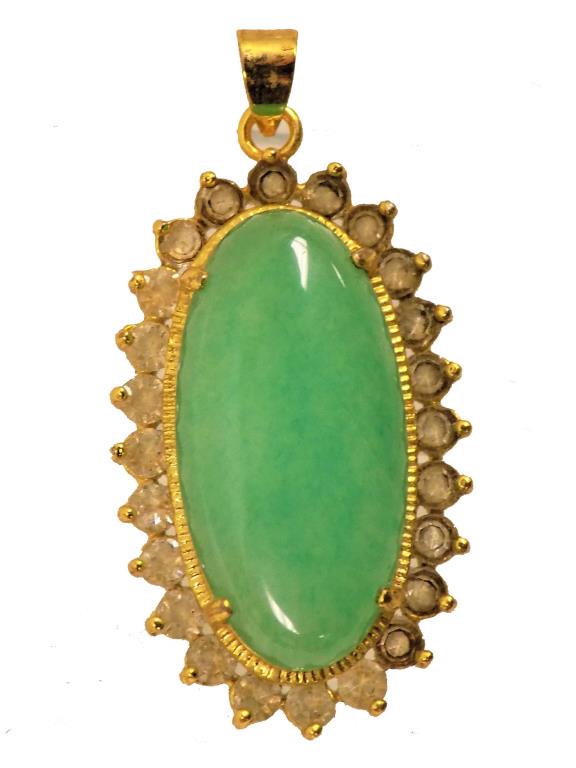 CHINESE GOLD VERMEIL JADE NECKLACE PENDANT: Big Chinese Gold Vermeil Cabachoned Green Jadeite Necklace pendant with 24 simulated diamonds. Translucent Oval Jade Stone.