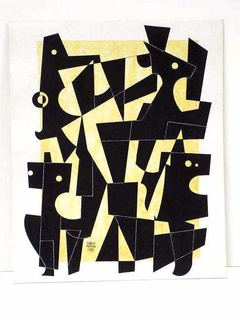 CARLOS MERIDA - ABSTRACT MIXED MEDIA CARDBOARD: Carlos Merida - Latin American Guatemalan 1891-1985 - Abstract Mixed Media on Cardboard. Artist Signed and Dated 1982 Ink . 18" x 22". Guatemalan artist who was known primarily as a muralist and print