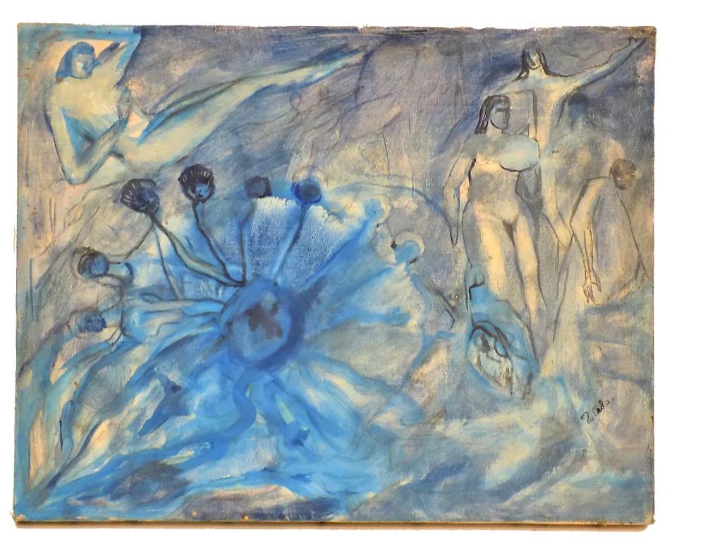 FRANCISCO LOPEZ TOLEDO - FANTASY NUDES PAINTING: Francisco Benjamin Lopez Toledo - Texas New York Italy Mexico 1940-2019 - Fantasy painting with Nude Figures. Oil on Canvas. Signed Lower Right. 14" x 18"Provenance: From a Private New York Estate Col
